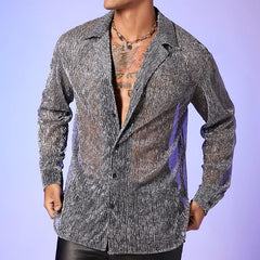 Threebooy Spring Summer Fashion Men Long Sleeve Drop Shoulder Shirts Nightclub Perspective Mesh Cardigan Tops Sexy Shirt Streetwear