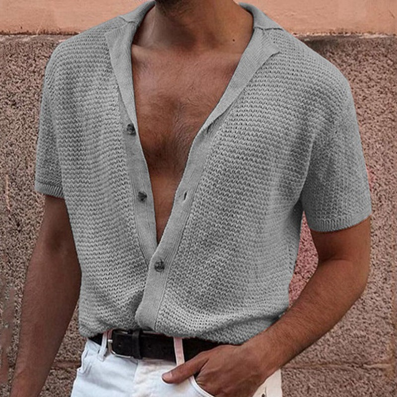 Threebooy 2025 summer Men's Knitted Shirt Cool Silk Fabric Short Sleeve Buttons Thin Loose Shirts For Men Vintage Mens Clothing Tops