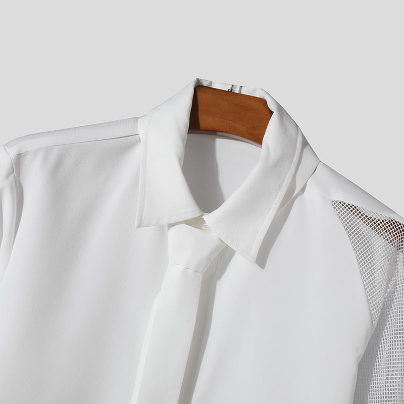 Threebooy 2025 New French Style Shirt For Men Spring Summer Long Sleeve Top With Tie Fashion Mesh Patchwork Banquet Gentleman Shirts