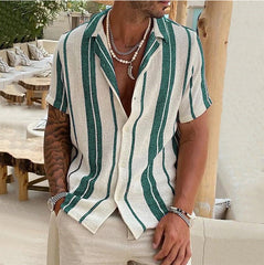Threebooy New Men's Slub Cotton Shirt Stripe Short Sleeve Collar Cardigan Summer Fashion Loose Oversize Shirts Top Streetwear Male