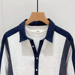 Threebooy Fashion Patchwork Cotton Linen Shirts For Men Half sleeve Turn-down Collar Loose Tops Summer Vintage Casual Shirt Streetwear