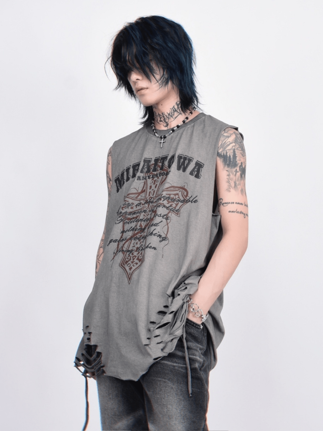 Threebooy [Mz] washed hole design high street t-shirt na1260