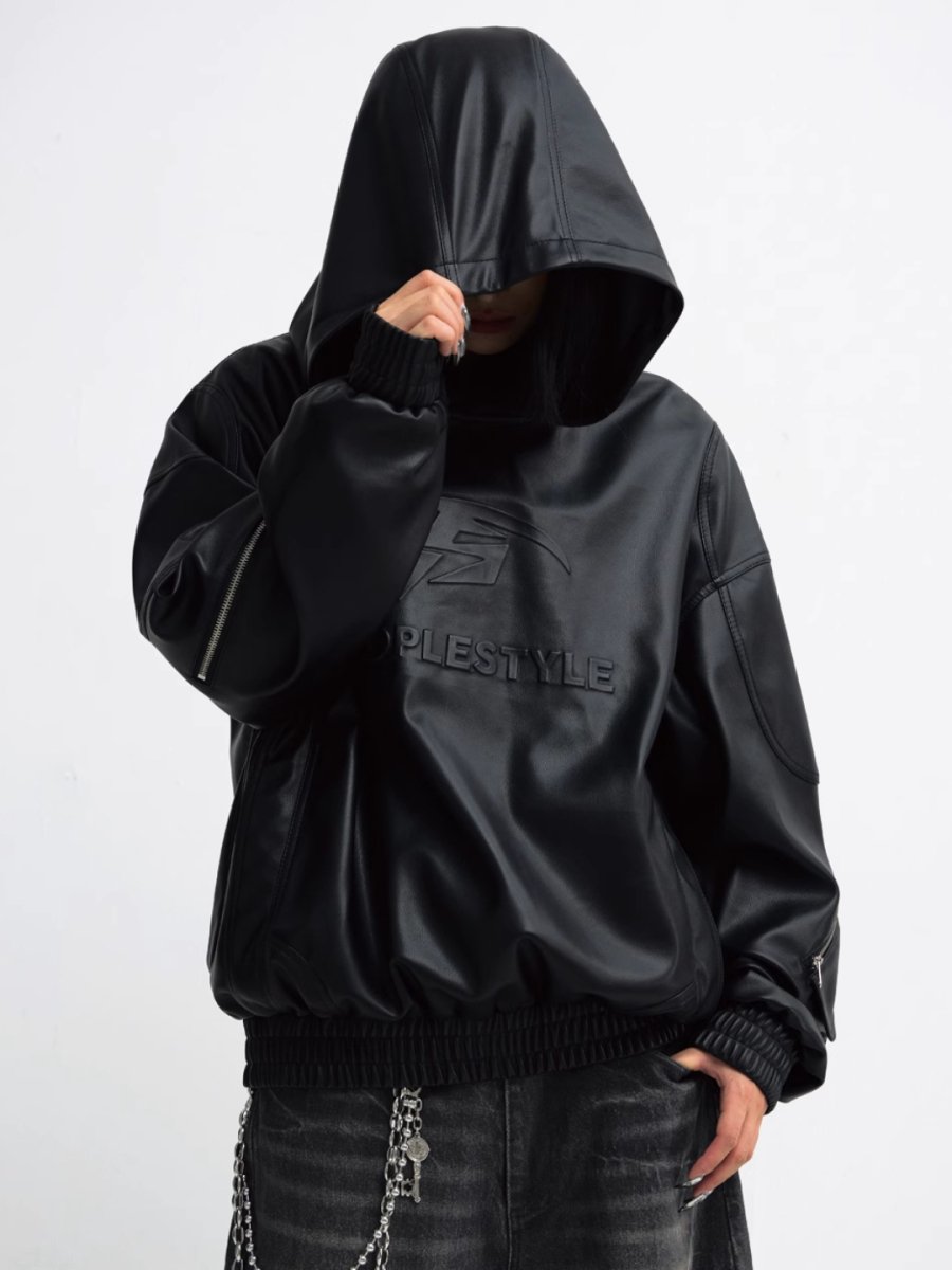 Threebooy [PEOPLESTYLE] PU Leather Black Hooded na1653