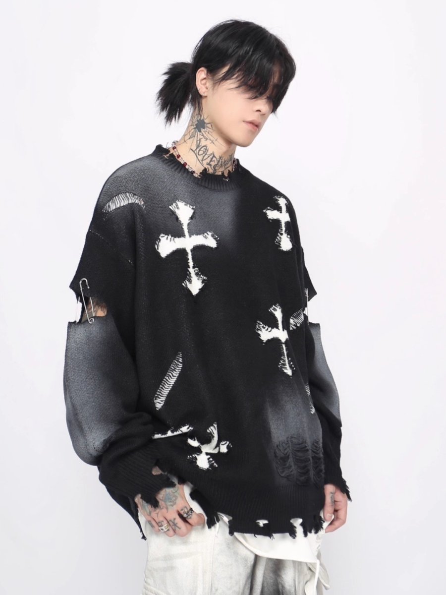 Threebooy 【Mz】high street broken hole cross pin knit na1547