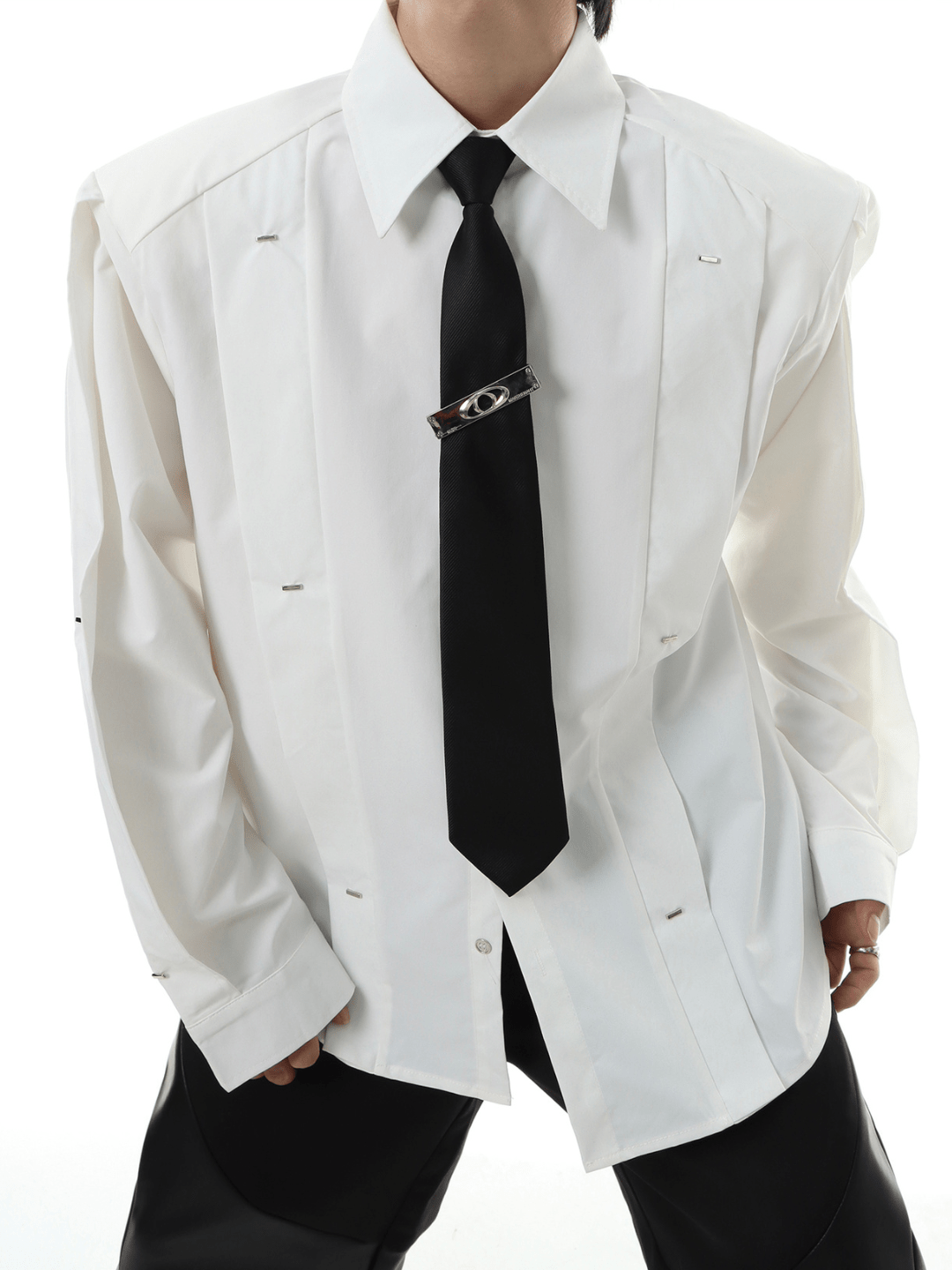 Threebooy [MARTHENAUT] shoulder pads white long-sleeved shirt na991