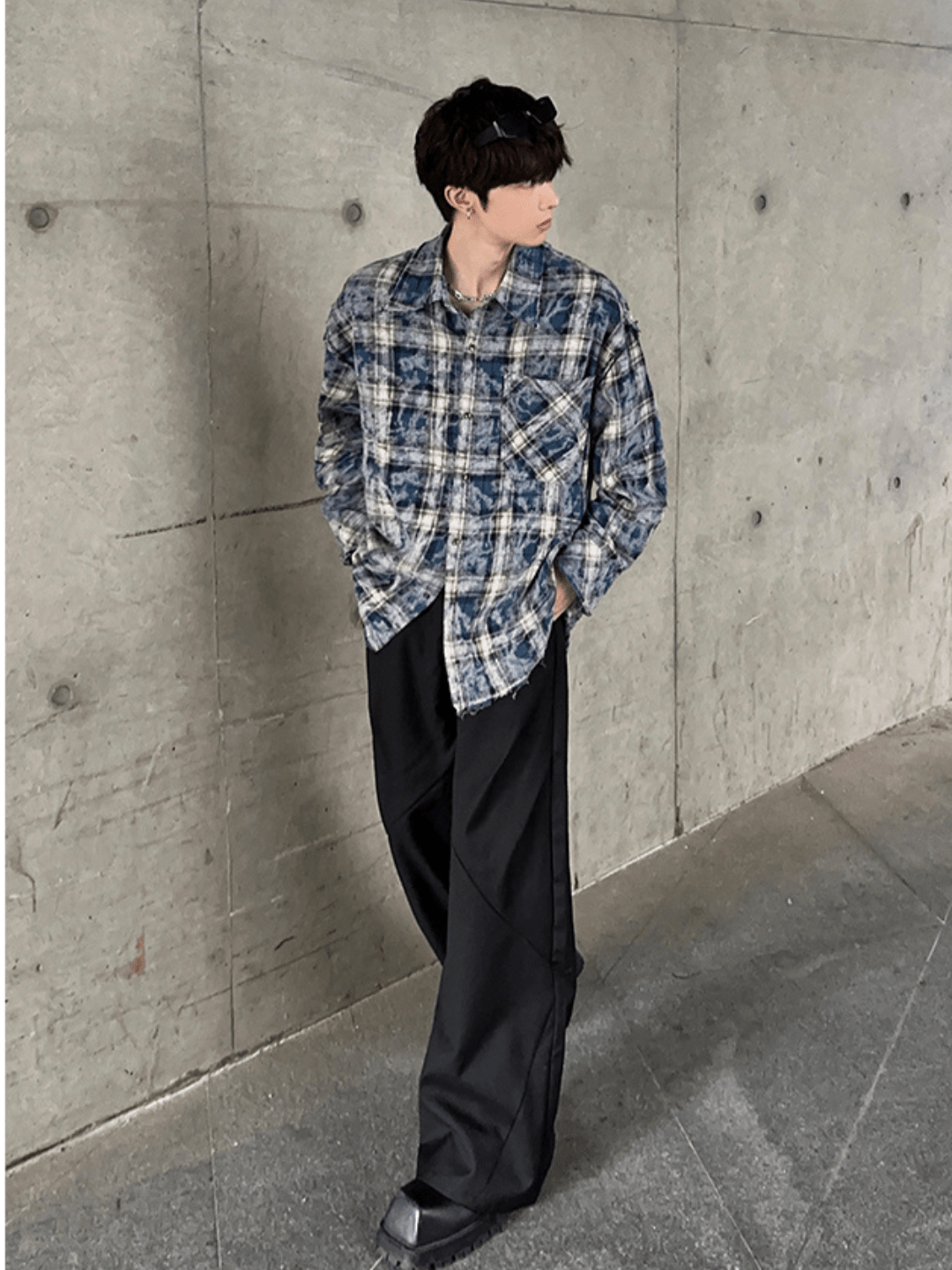 Threebooy [JM HOMME] distressed raw edge plaid shirt na836