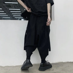 Threebooy Y2k Gothic Style Big Pocket Ribbon Harem Pants New Fashion Personality Daily Casual Dark Style Eight-Point Trousers Unisex