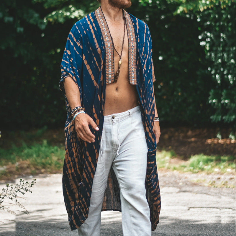 Threebooy Fashion Shawl  Mens Print Long Shirt Cardigan Summer Hawaiian Beach Sunscreen Cloak Casual Loose Cape Coat Clothing For Men 6XL
