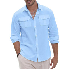 Threebooy Cotton Linen Men Shirt Solid Color Double Pocket Long Sleeve Top Spring Summer Fashion Casual Beach Breathable Comfortable Shirt