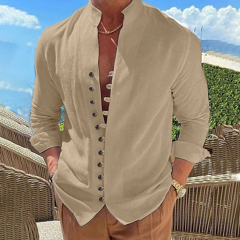 Threebooy Vintage Mens 100% Cotton Linen Shirts Long-Sleeved Stand Collar Casual Tops Spring Summer Fashion Men Clothing Retro Shirt