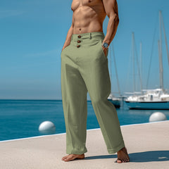 Threebooy Cotton Linen Casual Pants For Men Solid color Buttoned Loose Comfort Ventilate Long Trousers Spring Summer Beach Pant Streetwear