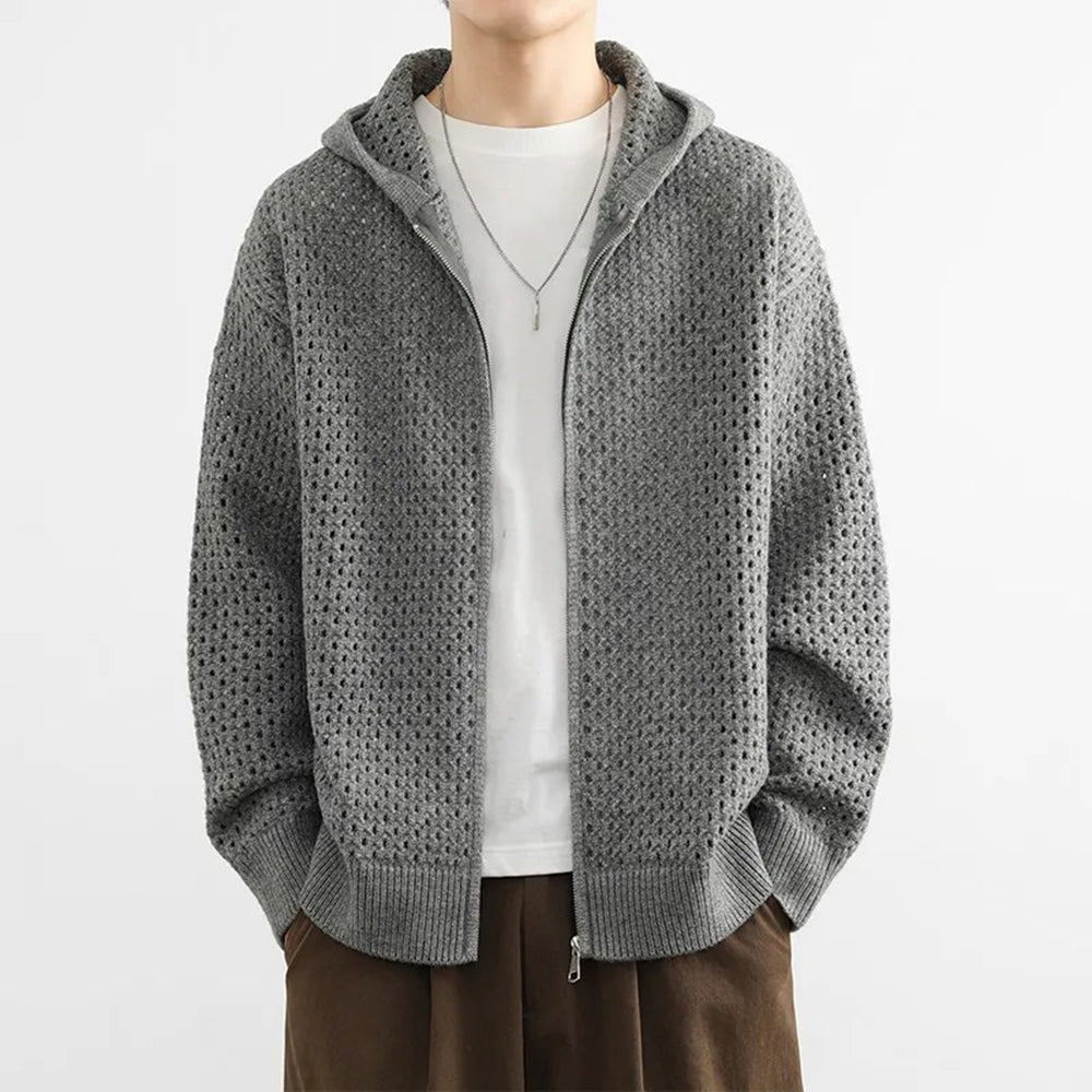 Threebooy Men Hooded Sweater Hollow Outerwear Knit Sweater Fashion Streetwear Versatile Campus Performance Long-Sleeve Tops Men'S Clothing