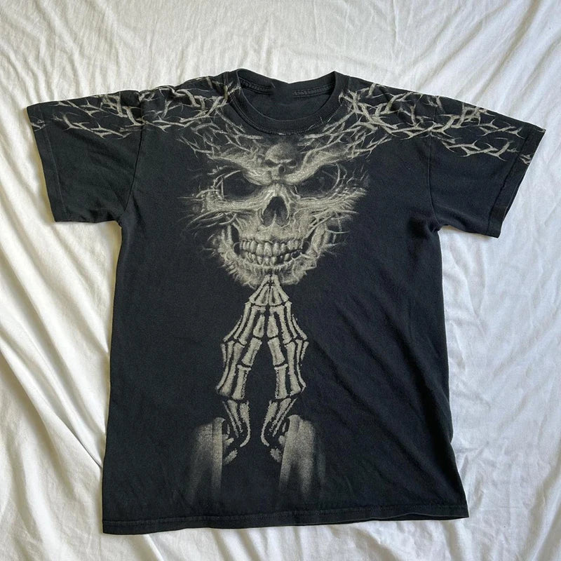 Threebooy 2000s Cyber Grunge Graphic T-shirt Y2K Star Skull Print Short Sleeve Tees Japanese Emo Vintage E girl Gothic T shirt Women Men