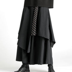 Threebooy Mens Dark Style Double Layer Irregular Skirts New Genderless Casual Fashion Youth Loose Solid Color Wide Leg Pants Unisex