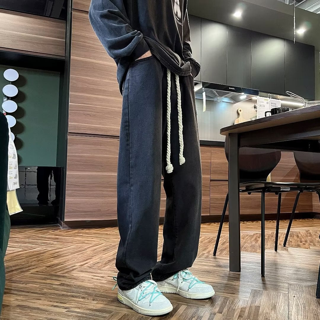 Threebooy High Street Jeans Men Elastic Waist With Large Drawstring Straight Pants Fashion Casual Loose Wide Leg Denim Trousers Streetwear
