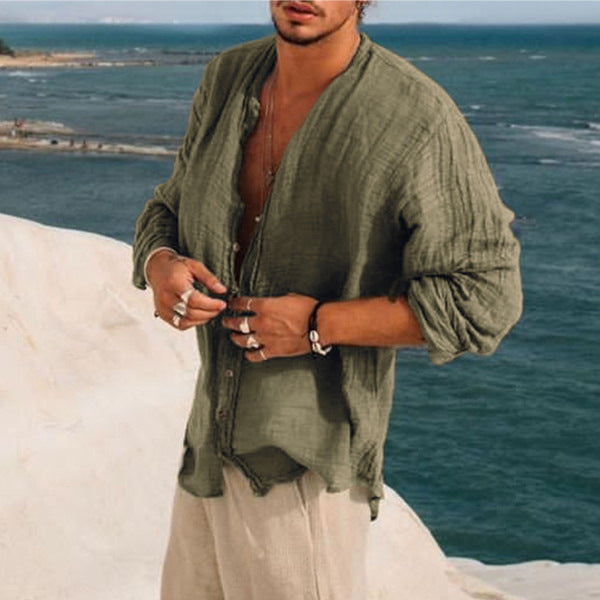 Threebooy Vintage Men Loose Solid Shirts Stand Collar Long Sleeve Tops Spring Summer Casual Cardigan Retro Shirt Mens Clothes Streetwear