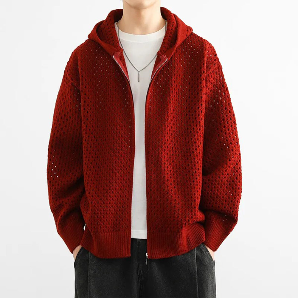 Threebooy Men Hooded Sweater Hollow Outerwear Knit Sweater Fashion Streetwear Versatile Campus Performance Long-Sleeve Tops Men'S Clothing