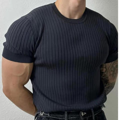 Threebooy Summer New Men Thin Knitted T Shirts Slim Fit Elastic Short Sleeve O Neck Tee Fashion Solid Color Ribbed Muscle T-shirt Male