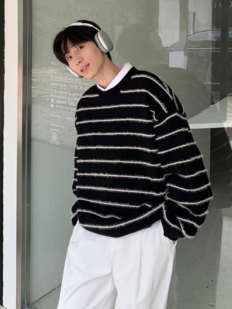 Threebooy [ONELYC1NS]Black and white striped knit na1430