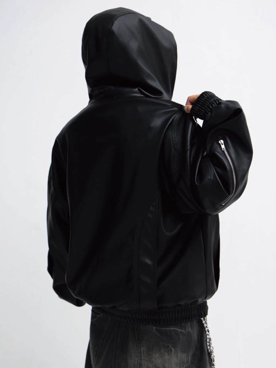 Threebooy [PEOPLESTYLE] PU Leather Black Hooded na1653