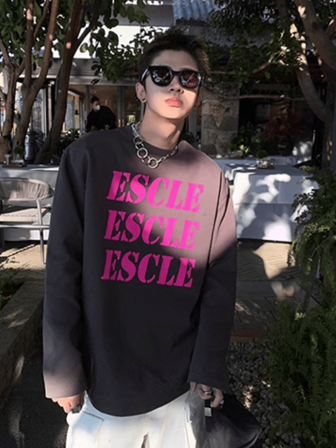 Threebooy [ESC MAN STUDIO] Printed Neck Long Sleeve T-Shirt na847