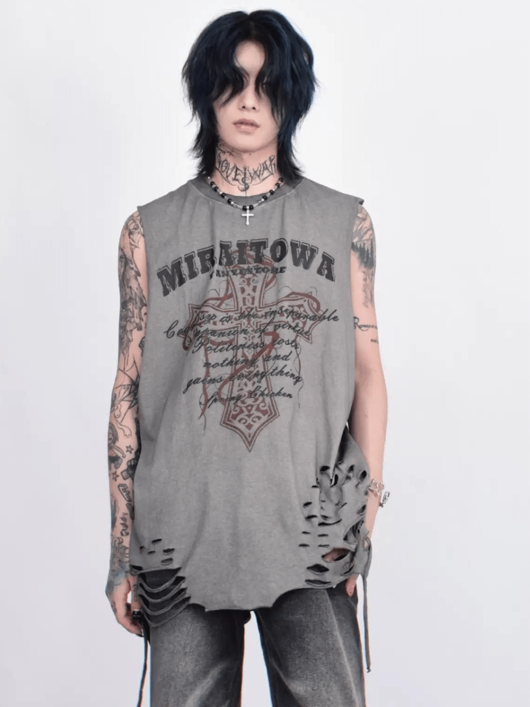 Threebooy [Mz] washed hole design high street t-shirt na1260