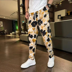 Threebooy Vintage Tie Dye Ink Painting Casual Pants Men Ethnic Style Flower Pattern Lightweight Ice Silk Straight Leg Trousers Summer
