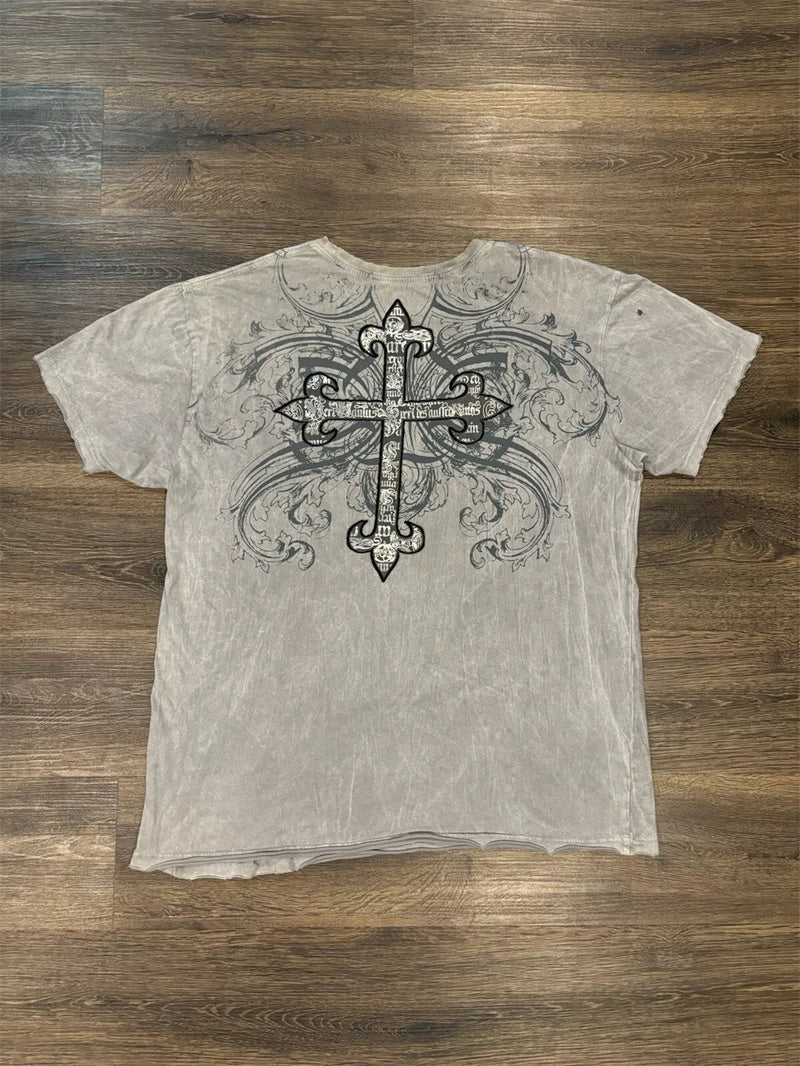 Threebooy 2000s affliction new Style Street Hip Hop Clothing couple T Shirt Gothic Skull Cross Print Fashion Knight Graphic Men T-shirt