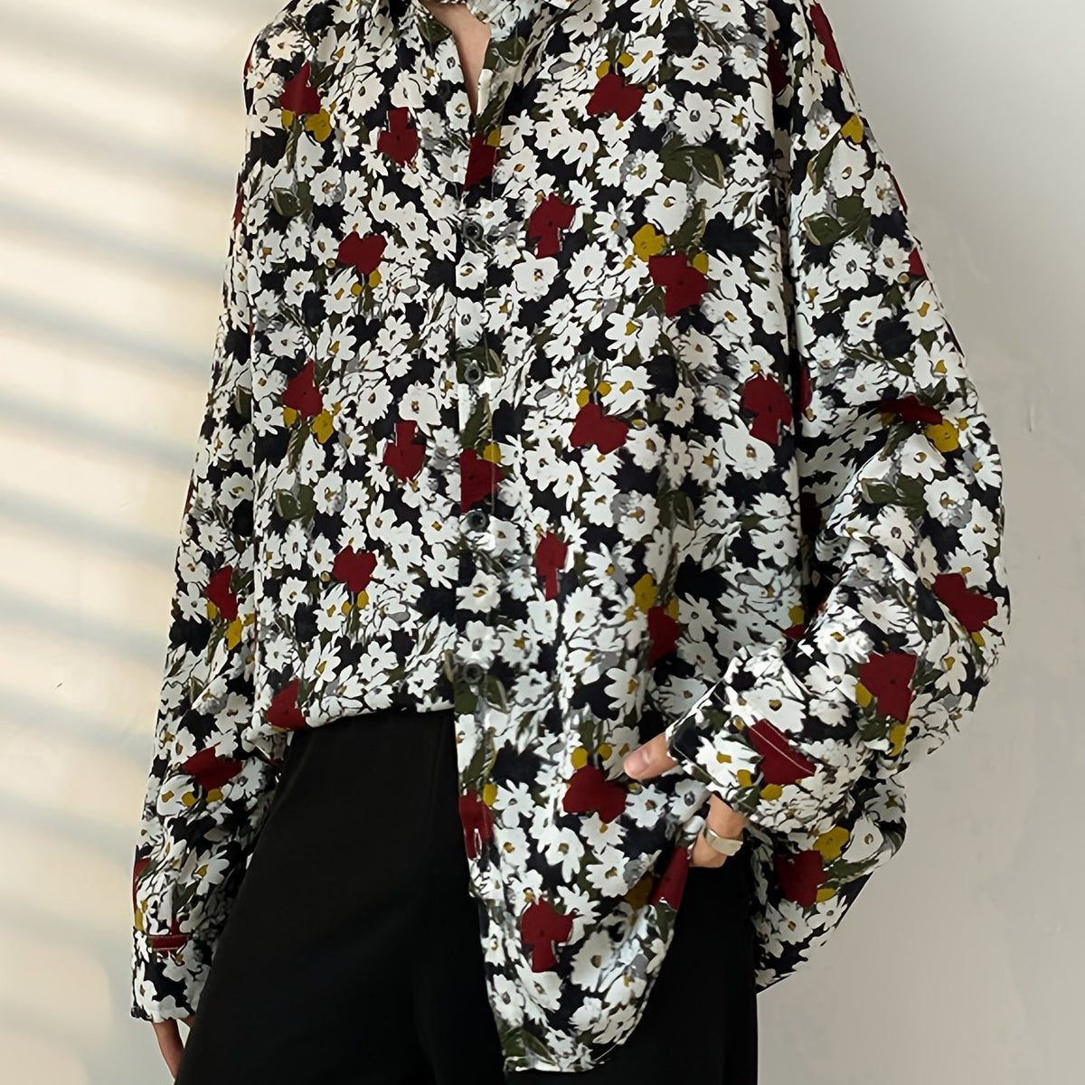 Threebooy Men'S Casual Floral Long-Sleeve Shirt, 100% Polyester Knitted Fabric, All-Over Print, Loose Fit, Lapel Collar, Button Detail, Woven, All-Season Night Out Top