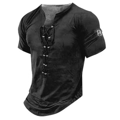 Threebooy New Men V-neck Vintage T-shirt Short Sleeve Casual Cotton Tee Top Summer Fashion Lace Up 3D Digital Printed Tshirts Man Clothing