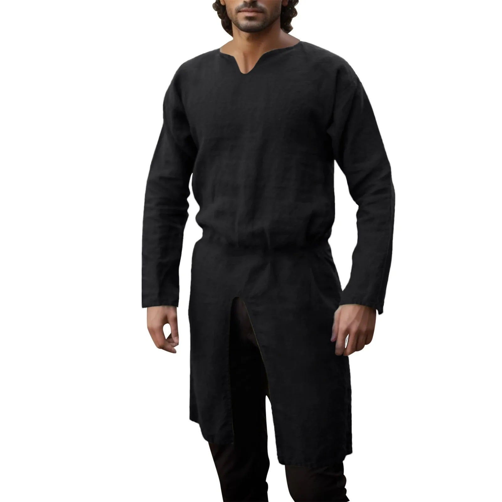 Threebooy Streetwear Long Sleeve Tshirt For Men European Medieval Knight Top Vintage Loose V-neck Split Long Gown Pullover