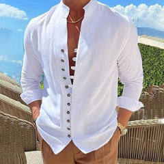 Threebooy Vintage Mens 100% Cotton Linen Shirts Long-Sleeved Stand Collar Casual Tops Spring Summer Fashion Men Clothing Retro Shirt