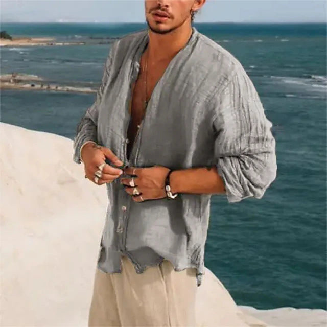 Threebooy Vintage Men Loose Solid Shirts Stand Collar Long Sleeve Tops Spring Summer Casual Cardigan Retro Shirt Mens Clothes Streetwear