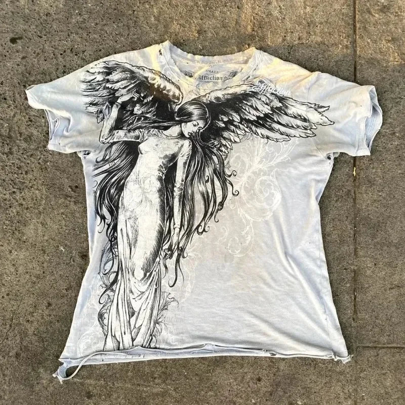 Threebooy 2000s Cyber Grunge Graphic T-shirt Y2K Star Skull Print Short Sleeve Tees Japanese Emo Vintage E girl Gothic T shirt Women Men