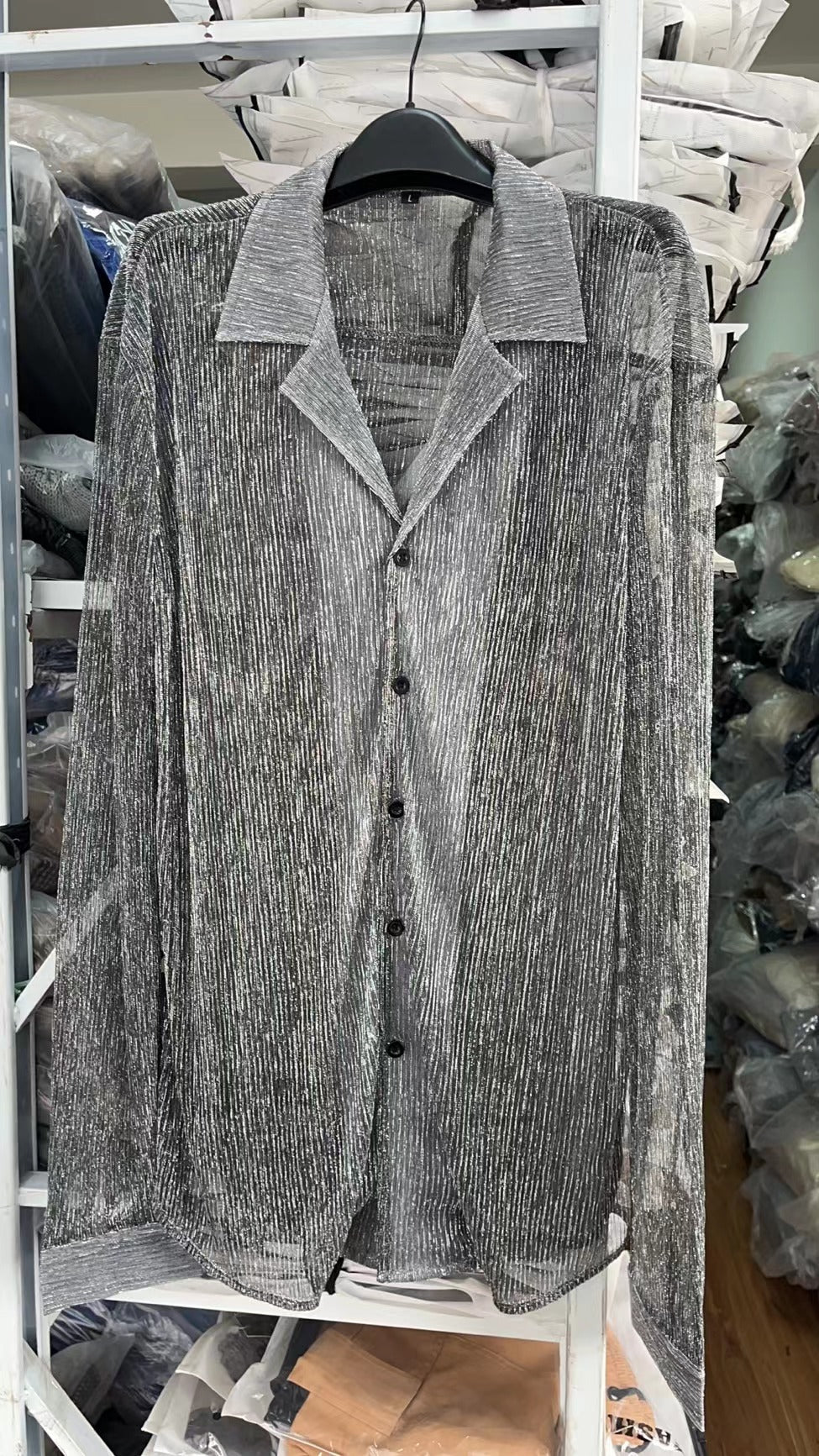 Threebooy Spring Summer Fashion Men Long Sleeve Drop Shoulder Shirts Nightclub Perspective Mesh Cardigan Tops Sexy Shirt Streetwear