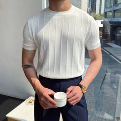 Threebooy Summer Men Knit Ice silk T shirts High Quality Solid Color Stripe Short sleeve O-neck Tee Tops Mens Thin Slim Fit T-Shirts