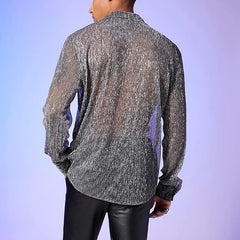 Threebooy Spring Summer Fashion Men Long Sleeve Drop Shoulder Shirts Nightclub Perspective Mesh Cardigan Tops Sexy Shirt Streetwear
