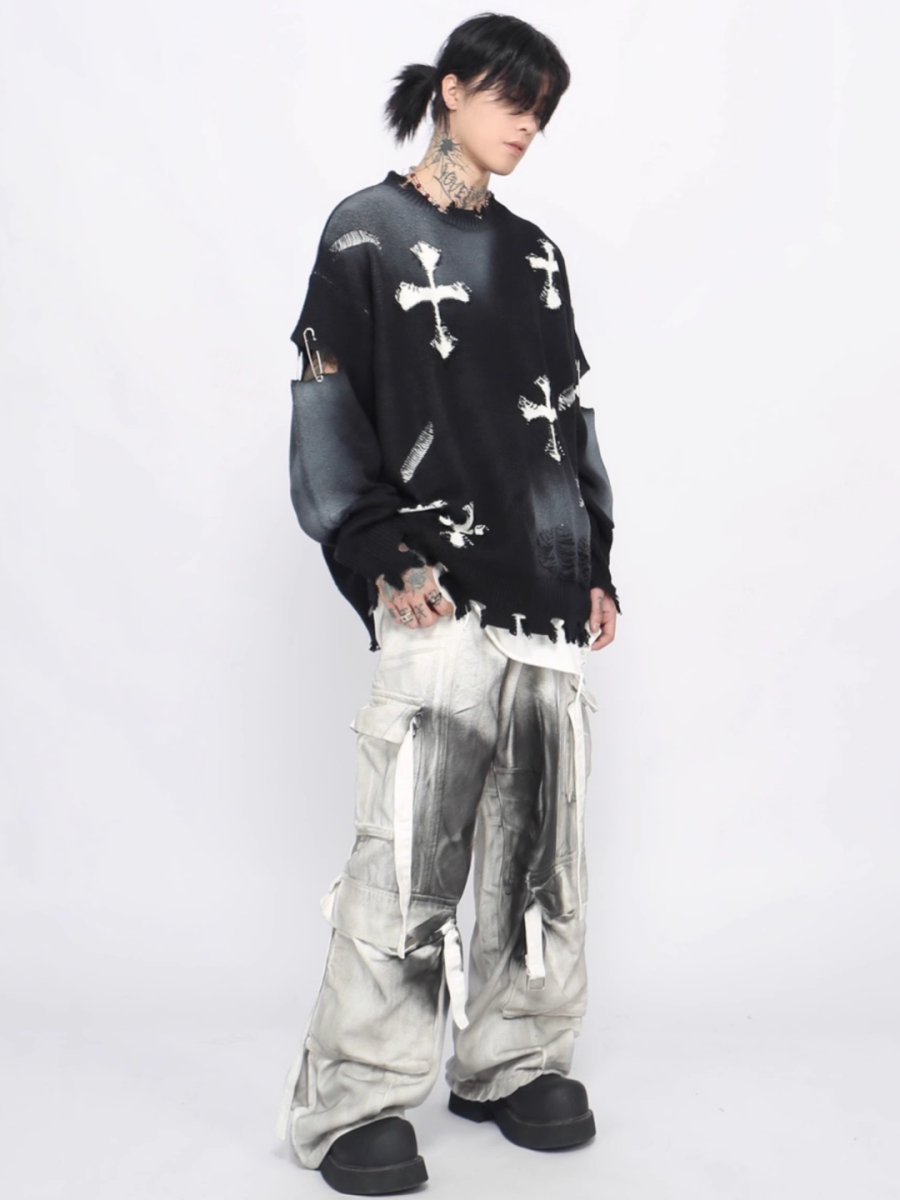 Threebooy 【Mz】high street broken hole cross pin knit na1547