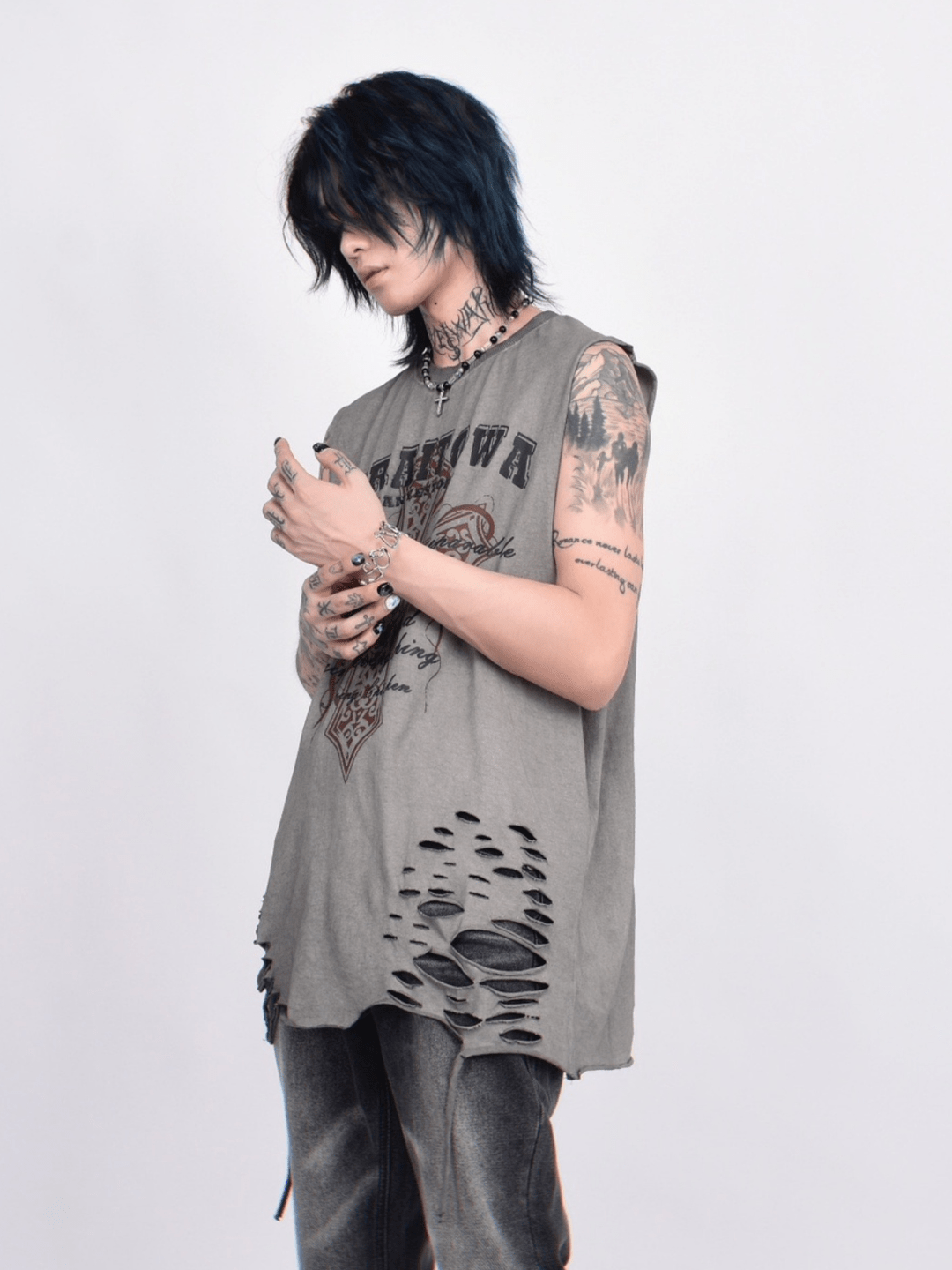 Threebooy [Mz] washed hole design high street t-shirt na1260