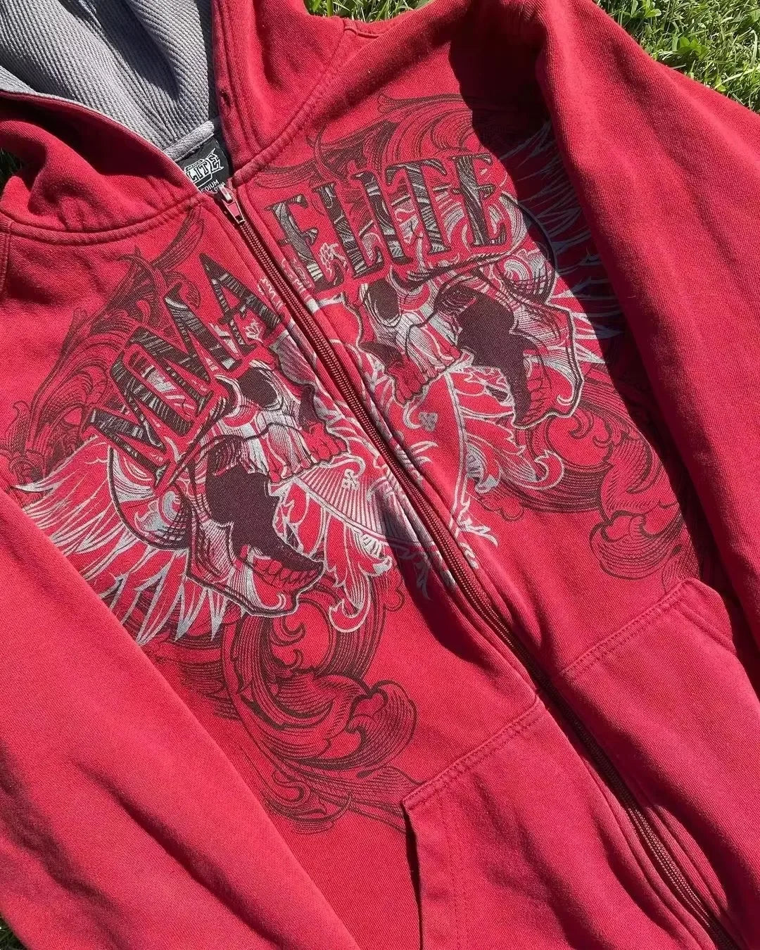 Threebooy 2000s New Cotton Red Couple Zipper Hoodies Vintage Elite Full Zip Hoodie Sweatshirt Size Skull Snake Red Y2K Sweatshirts
