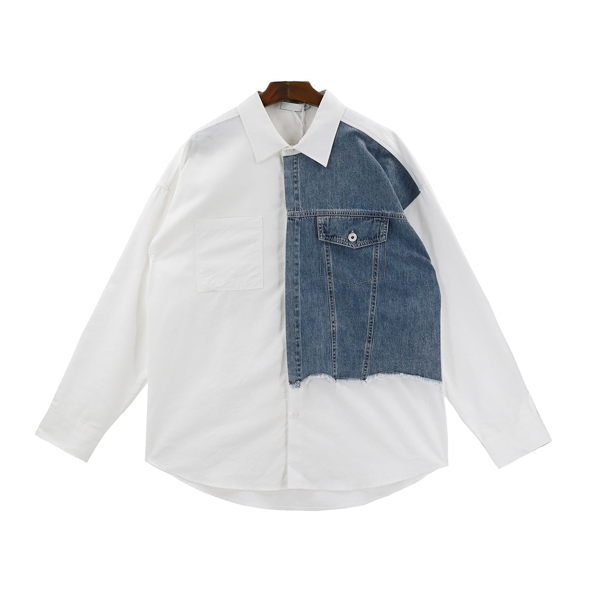 Threebooy Denim Patchwork White Shirt Men Lapel Long Sleeve Button Loose Tops Spring Autumn Fashion Vintage Shirts Streetwear Male