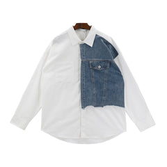 Threebooy Denim Patchwork White Shirt Men Lapel Long Sleeve Button Loose Tops Spring Autumn Fashion Vintage Shirts Streetwear Male