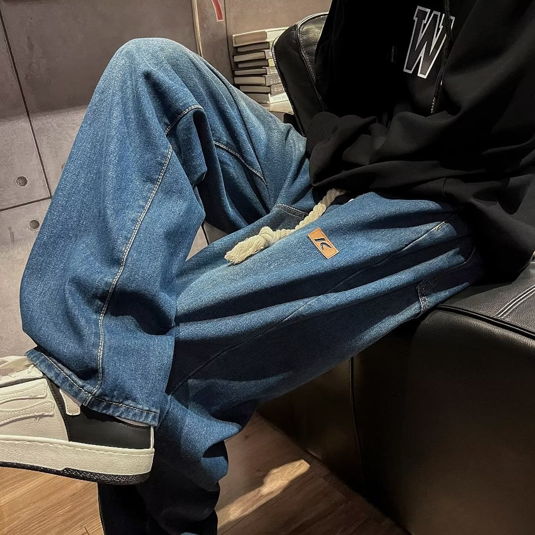 Threebooy High Street Jeans Men Elastic Waist With Large Drawstring Straight Pants Fashion Casual Loose Wide Leg Denim Trousers Streetwear