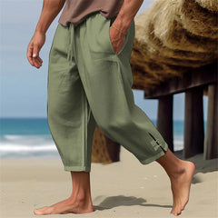Threebooy Summer Mens Linen Cropped Pants Oversize Loose Feet Forked Pencil Pant Fashion Casual Pantalones Beach Trousers Streetwear