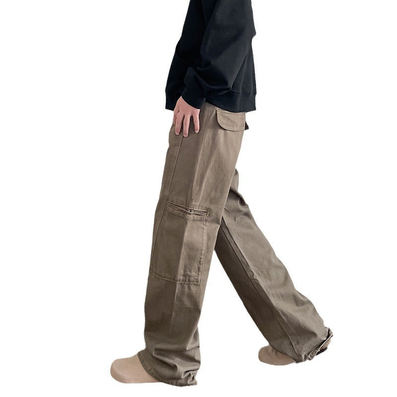 Threebooy Vintage Cargo Pants For Men Cleanfit Style Straight Trousers High Street Retro Maillard Brown Multiple Pockets Casual Pants