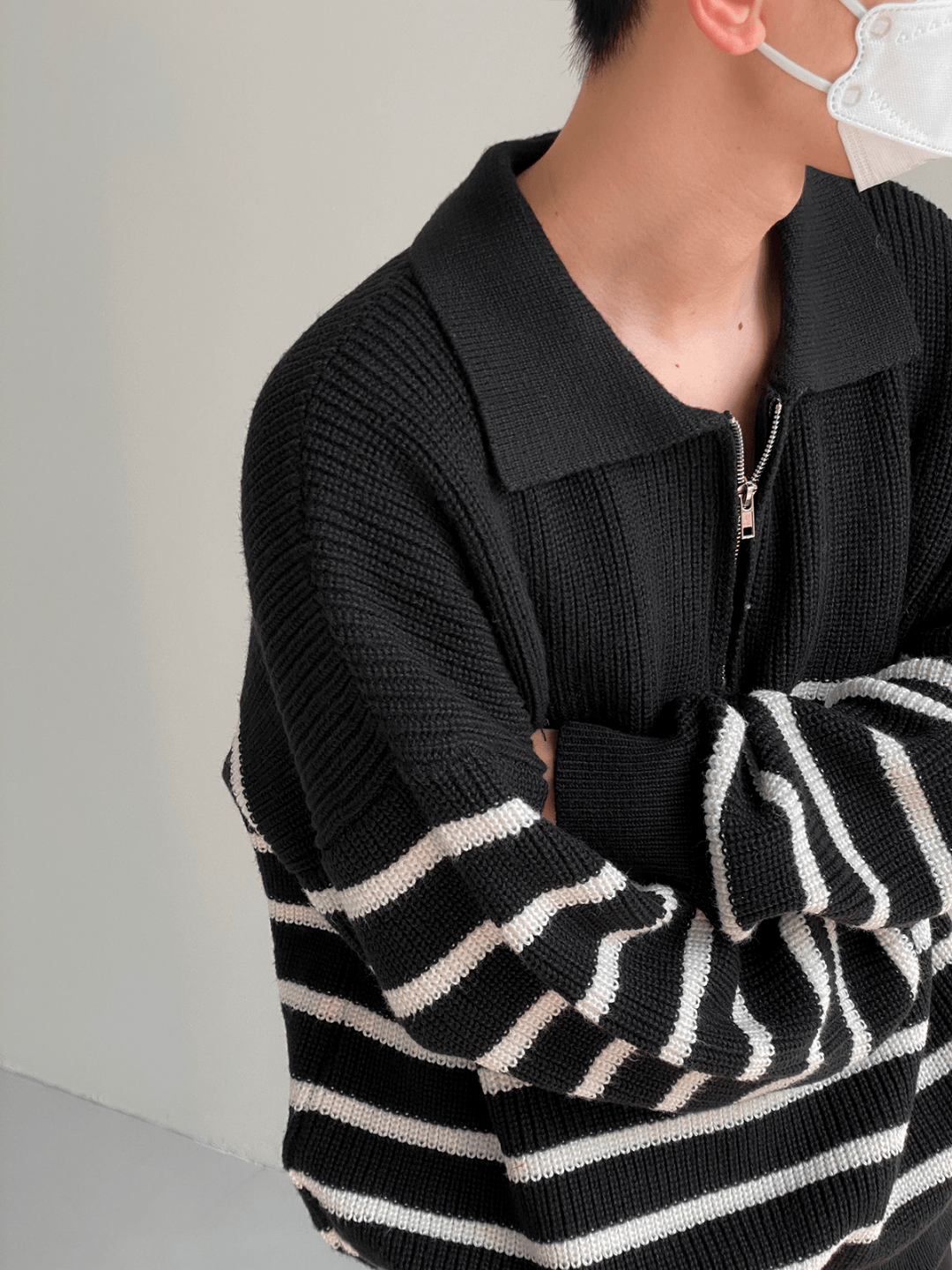 Threebooy [DAZIONSED] High Zip Polo Stripe Sweater NA538