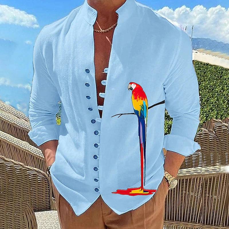 Threebooy Vintage Mens 100% Cotton Linen Shirts Long-Sleeved Stand Collar Casual Tops Spring Summer Fashion Men Clothing Retro Shirt
