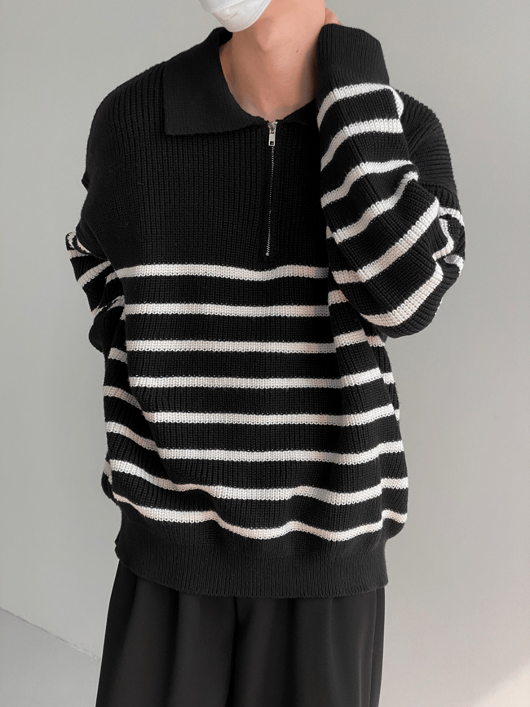 Threebooy [DAZIONSED] High Zip Polo Stripe Sweater NA538