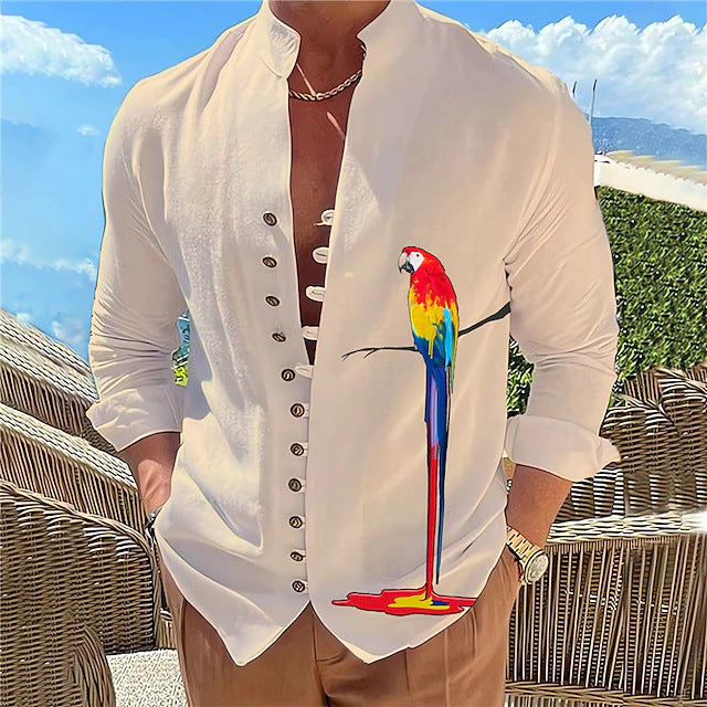 Threebooy Vintage Mens 100% Cotton Linen Shirts Long-Sleeved Stand Collar Casual Tops Spring Summer Fashion Men Clothing Retro Shirt