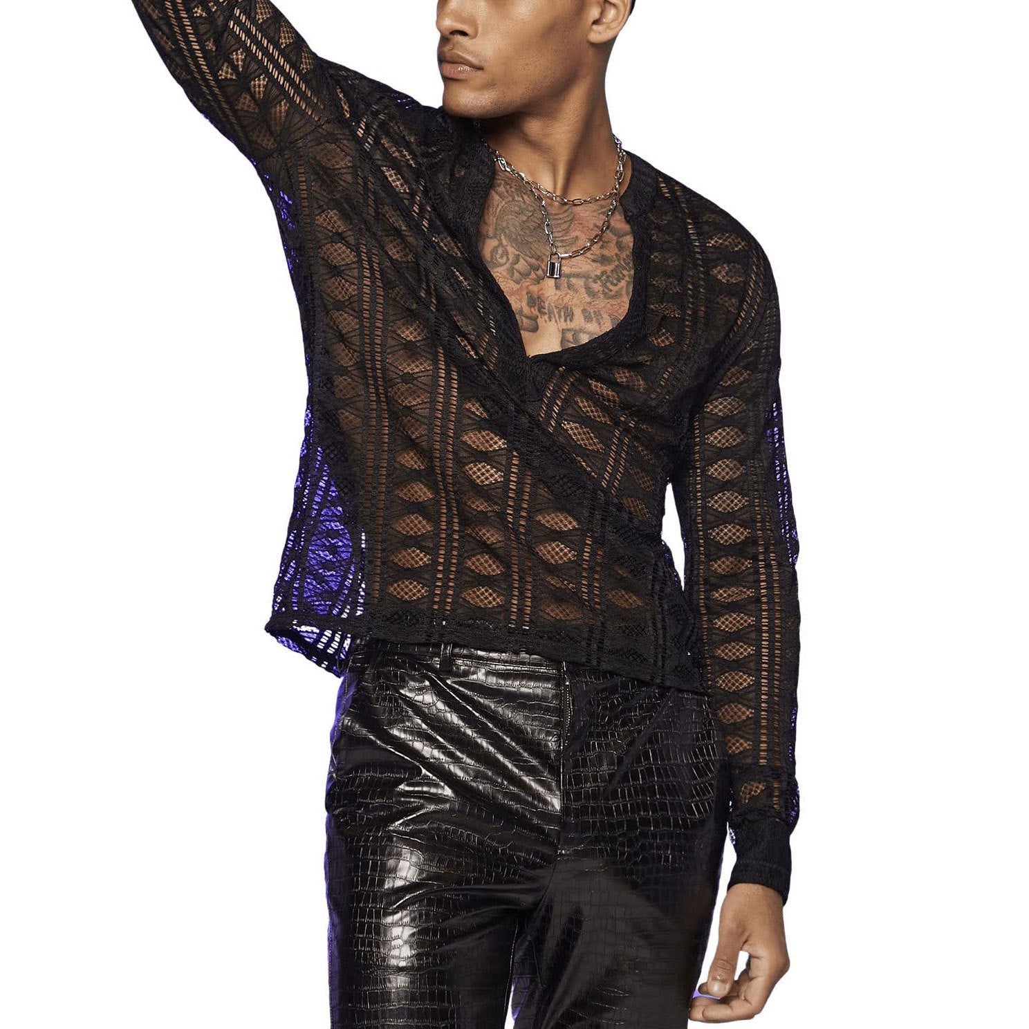 Threebooy Fishing Net Transparent Shirt For Men V-neck Lace Long Sleeved Tshirts Tops Autumn Fashion Sexy Mesh Hollow Out Shirts Pullover